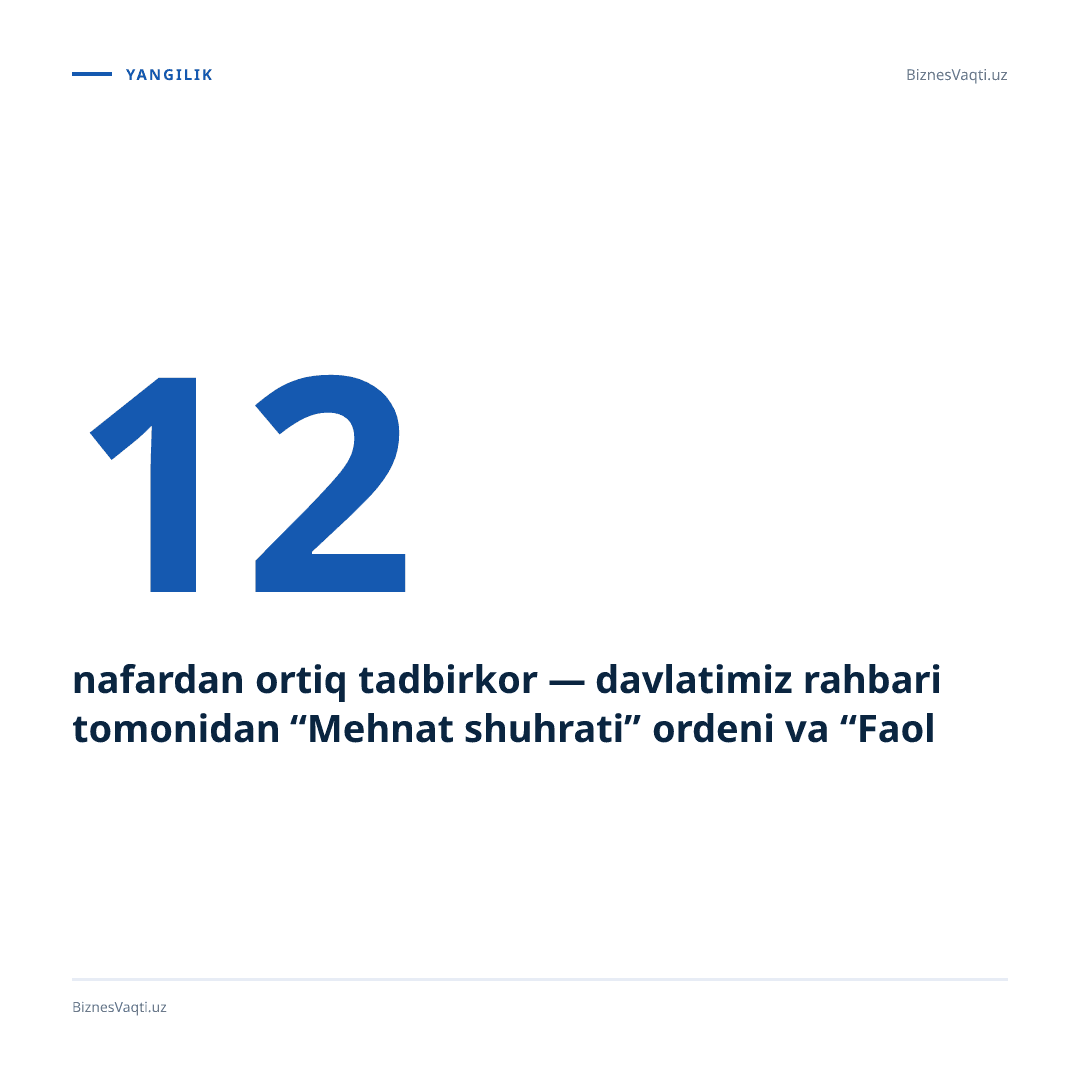 12 nafardan ortiq tadbirkor — davlatimiz rahbari tomonidan “Mehnat shuhrati” ordeni va “Faol tadbirkor” ko‘krak nishoni bilan taqdirlandi.