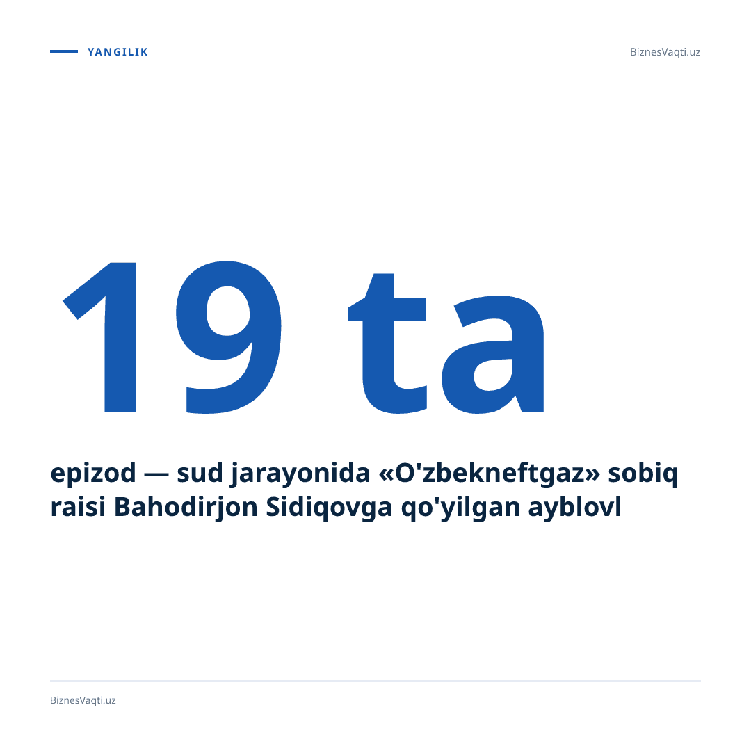 19 ta epizod — sud jarayonida «O'zbekneftgaz» sobiq raisi Bahodirjon Sidiqovga qo'yilgan ayblovlar hajmi ochiqlandi.