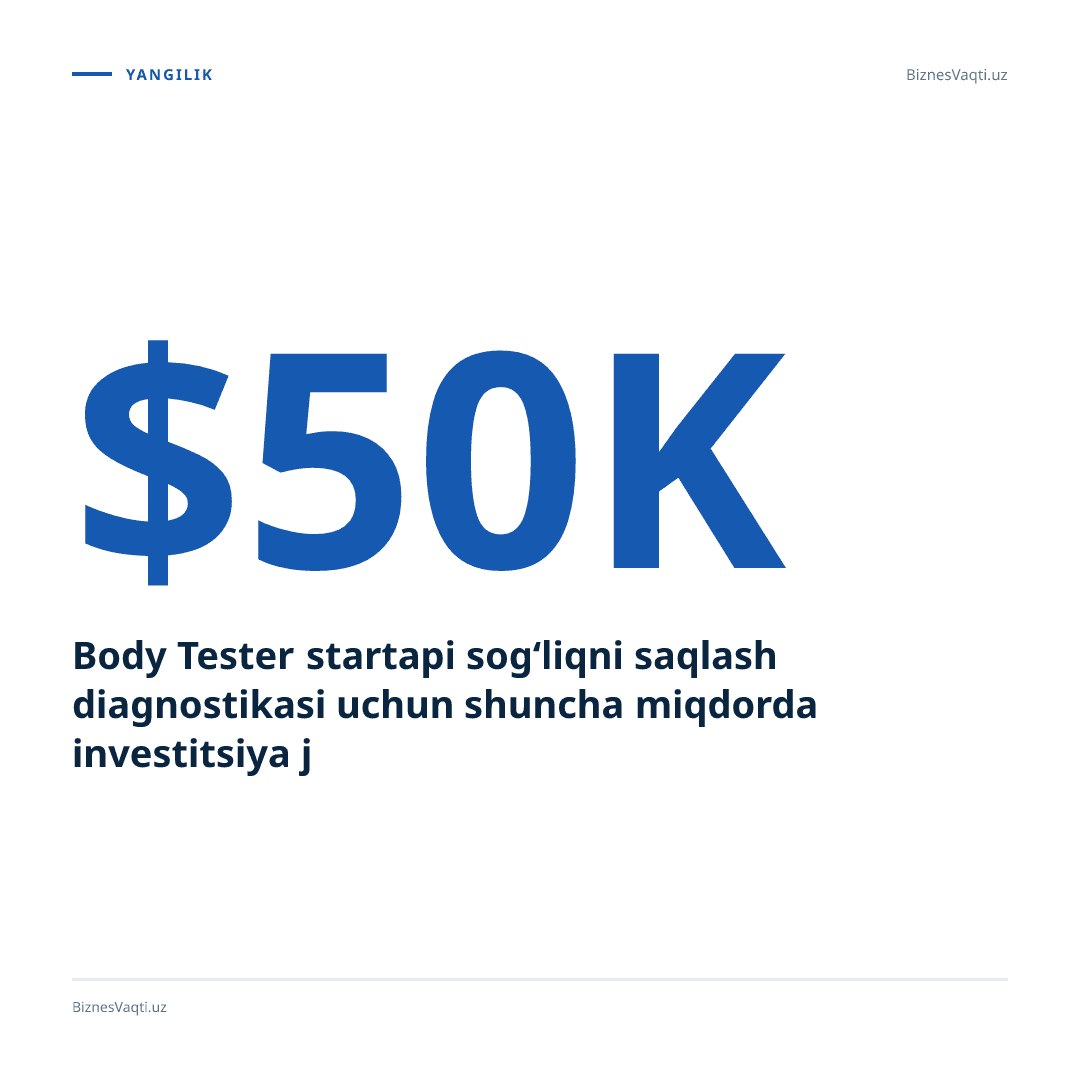 $50,000 — Body Tester startapi sog‘liqni saqlash diagnostikasi uchun shuncha miqdorda investitsiya jalb qildi.