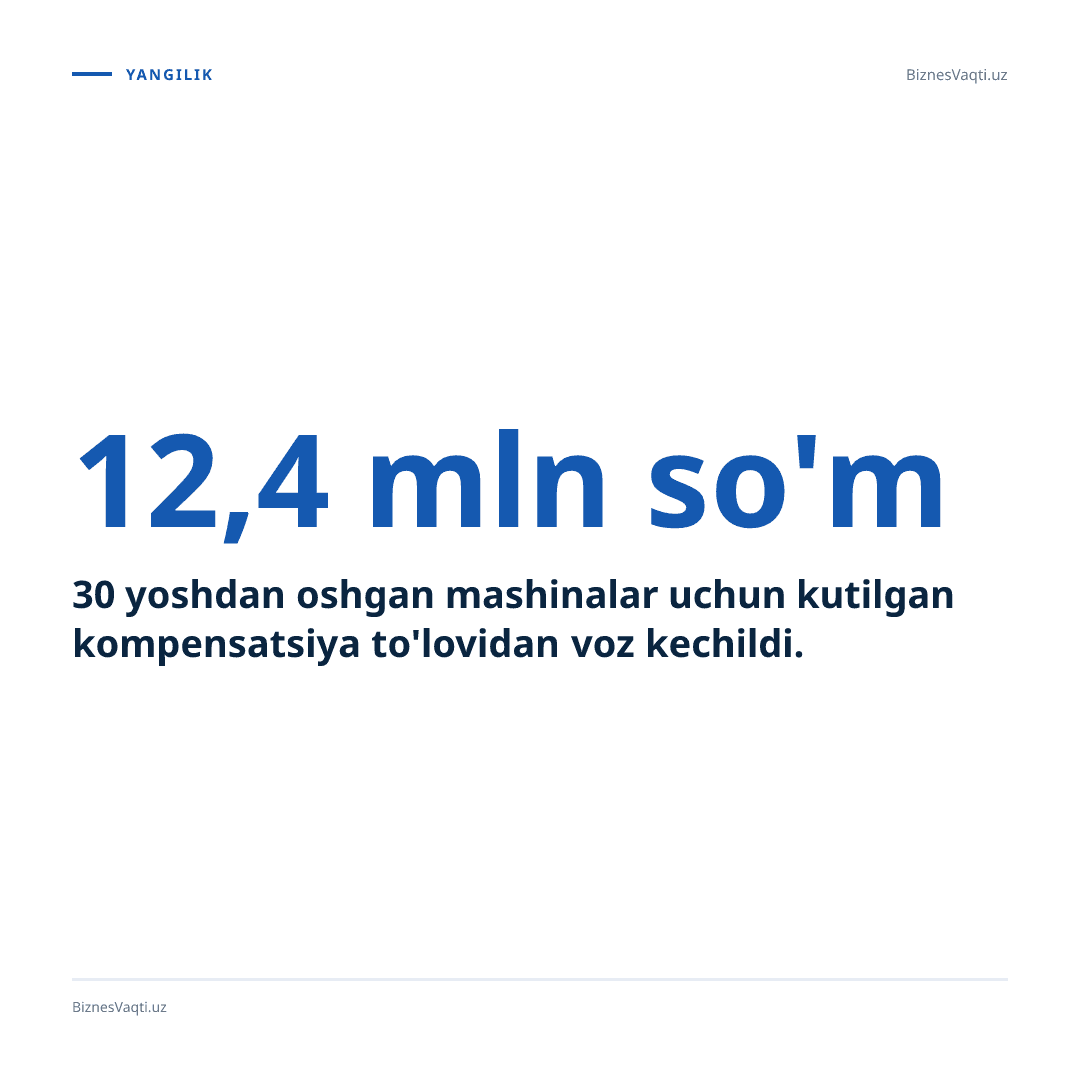 12,4 mln so'm — 30 yoshdan oshgan mashinalar uchun kutilgan kompensatsiya to'lovidan voz kechildi.