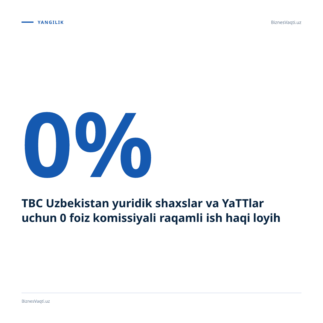TBC Uzbekistan yuridik shaxslar va YaTTlar uchun 0 foiz komissiyali raqamli ish haqi loyihasini boshladi