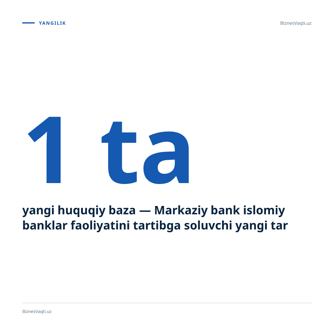 1 ta yangi huquqiy baza — Markaziy bank islomiy banklar faoliyatini tartibga soluvchi yangi tartibni tasdiqladi.